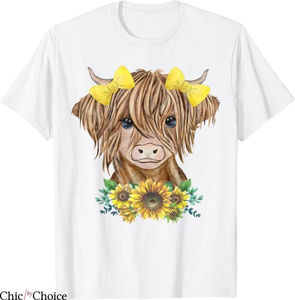 Highland Cow T-Shirt Cute Baby Highland Cow With Sunflowers