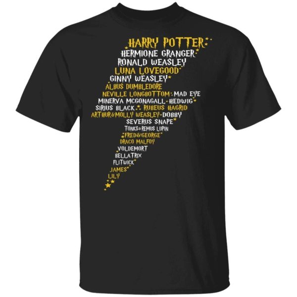 Harry Potter Tee Shirt Characters Names In Lightening Bolt-Shaped Scar  All Day Tee
