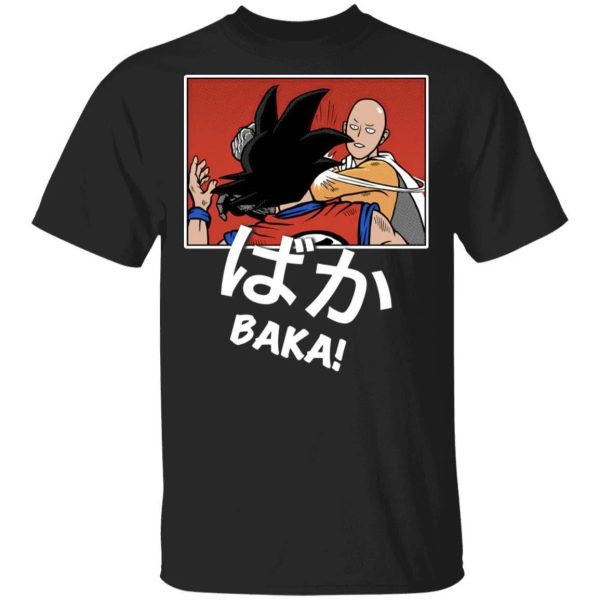 Saitama Hits Goku and Says Baka Shirt Mashup Dragon Ball and One Punch Man Tee  All Day Tee