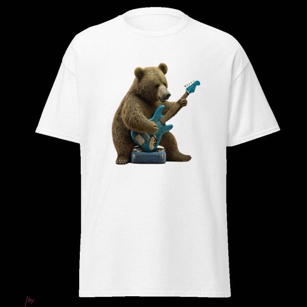 The Bear White T-Shirt With Guitar Musician Classic Tee
