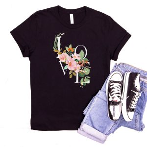 V Love T-Shirt Flower And Leaf Love And Floral Valentines