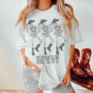 Womens Country T-Shirt Howdy Cowboy Skeleton Dancing Boho