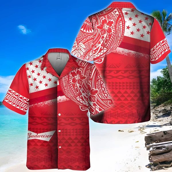 Red Aloha Budweiser Beer Hawaiian Shirt Polynesian Pattern