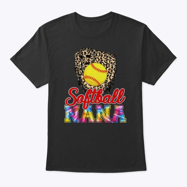 Womens Cute Tie Dye Softball Nana Leopard Baseball Mother’s Day T-Shirt