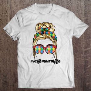 Autism Mom Life Hashtag Messy Bun Puzzle Pieces Bandana Glasses Autism Awareness 1