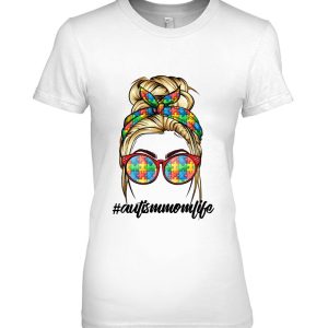 Autism Mom Life Hashtag Messy Bun Puzzle Pieces Bandana Glasses Autism Awareness 2