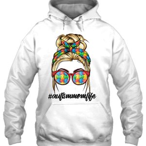Autism Mom Life Hashtag Messy Bun Puzzle Pieces Bandana Glasses Autism Awareness 3