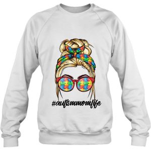 Autism Mom Life Hashtag Messy Bun Puzzle Pieces Bandana Glasses Autism Awareness 4
