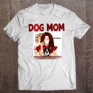 Dog Mom Pitbull Personalized Girl Drinking Coffee Red Polka Dots Plaid