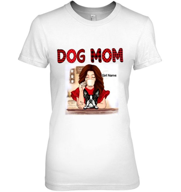 Dog Mom Pitbull Personalized Girl Drinking Coffee Red Polka Dots Plaid