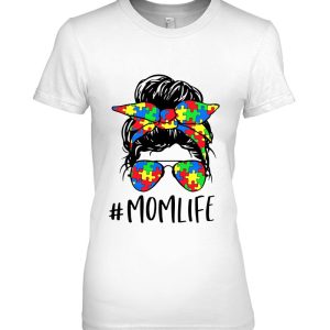 Mom Life Messy Bun Hair Autism Awareness Mothers Day Tees 2