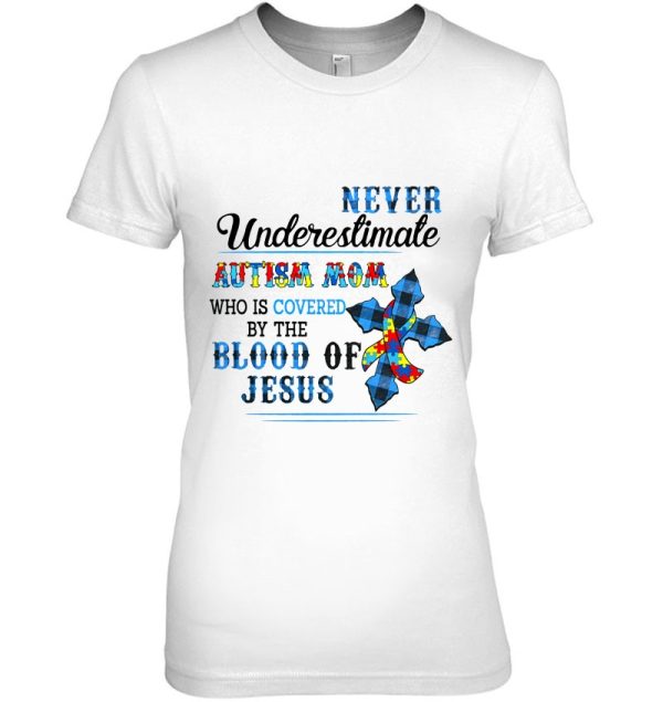 Never Underestimate Autism Mom Who Is Covered By The Blood Of Jesus Puzzle Piece Ribbon Blue Plaid Christian Cross