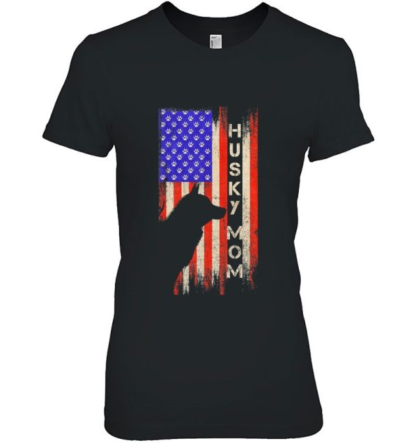 Vintage Us American Flag Proud Siberian Husky Mom Silhouette