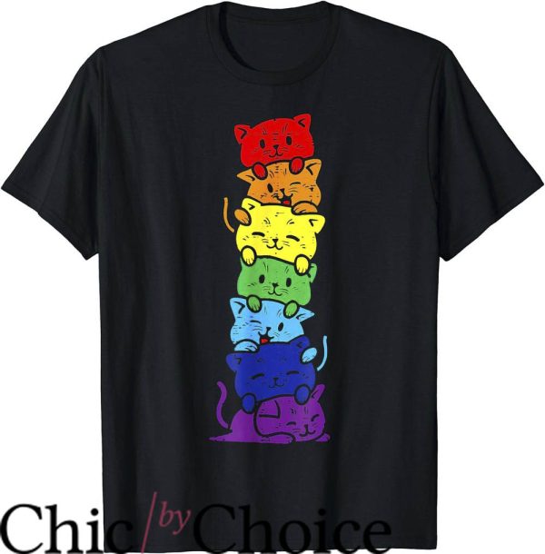 Women Pride T-Shirt Funny LGBT Cat Stack Rainbow