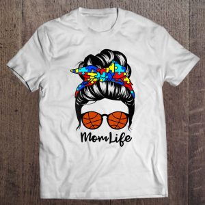Womens Mom Life Messy Bun Hair Autism Basketball Funny Autism V-Neck