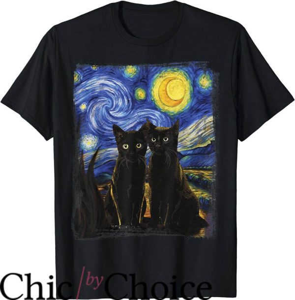 Black Cat T-Shirt Starry Night Vincent Van Gogh