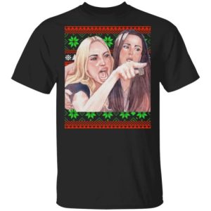 Woman yelling at cat Christmas sweater