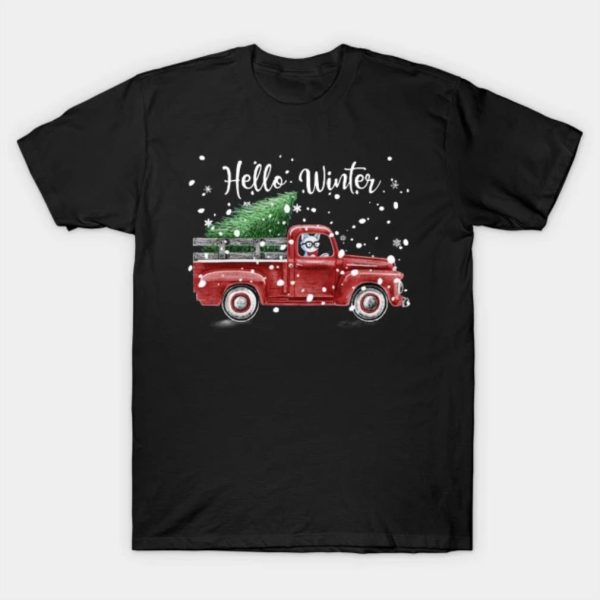 Cute cat hello winter red car Merry Christmas 2022 T-shirt