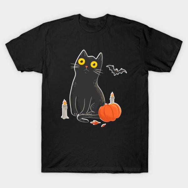 Intense Gaze Black Cat in Halloween T-Shirt