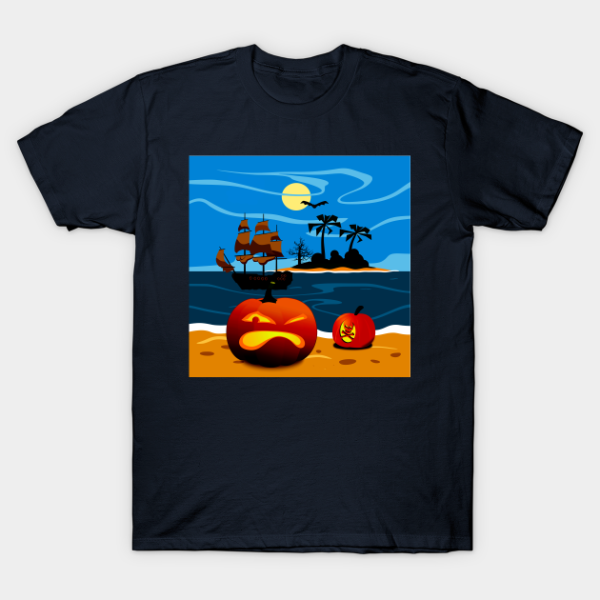 Pirate Pumpkin Halloween moon and bat over island T-shirt