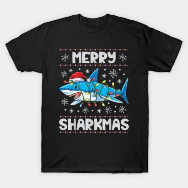 Ugly Merry Sharkmas Shark Santa hat Merry Christmas 2022 T-shirt