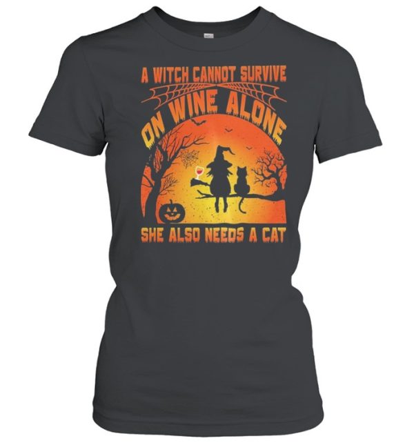 A Witch Cannot Survive On Wine Alone She Also Needs A Cat Halloween shirt