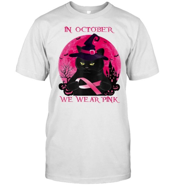 Black Cat In October We Wear Pink Halloween Breast Cancer Awareness shirt