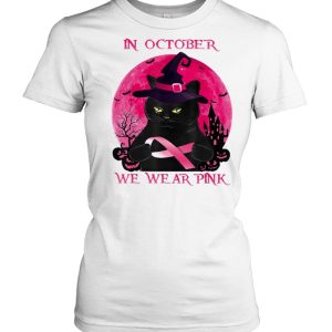 Black Cat In October We Wear Pink Halloween Breast Cancer Awareness shirt
