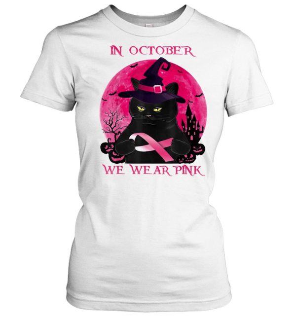 Black Cat In October We Wear Pink Halloween Breast Cancer Awareness shirt