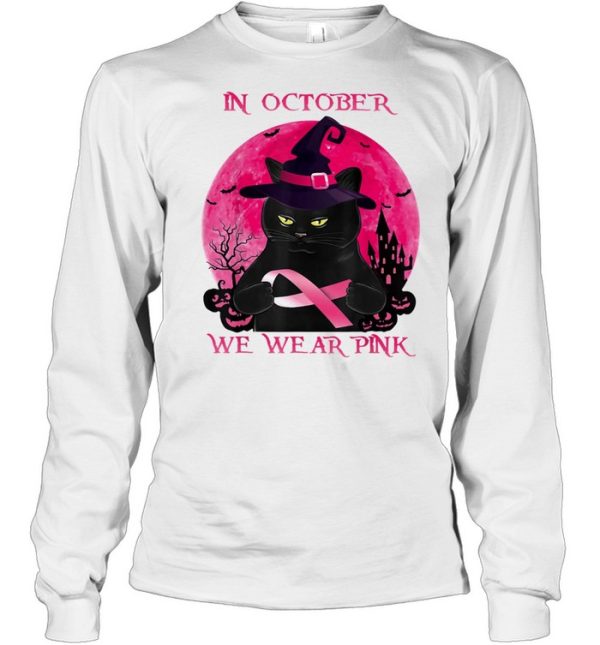 Black Cat In October We Wear Pink Halloween Breast Cancer Awareness shirt