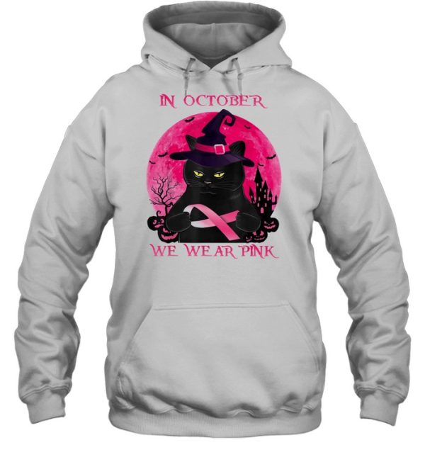 Black Cat In October We Wear Pink Halloween Breast Cancer Awareness shirt