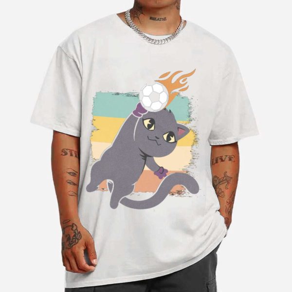 Cat Playing Soccer Cartoon T-shirt