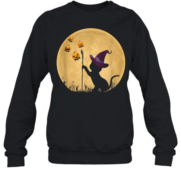 Cat with witch hat Pumpkin bat Moon Halloween Costume Kitty shirt