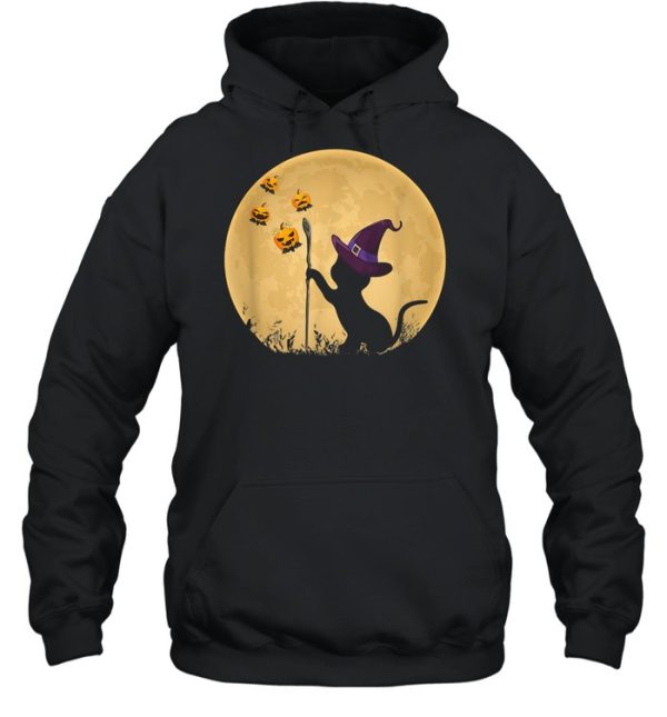 Cat with witch hat Pumpkin bat Moon Halloween Costume Kitty shirt