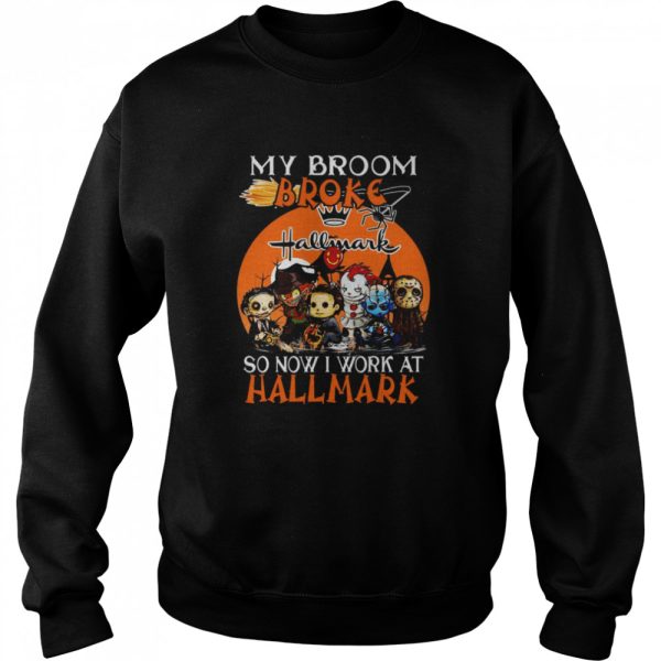 Chibi Horror characters my broom broke so now I work at Hallmark Cards Halloween shirt