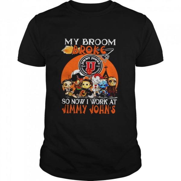 Chibi Horror characters my broom broke so now I work at Jimmy John’s Halloween shirt