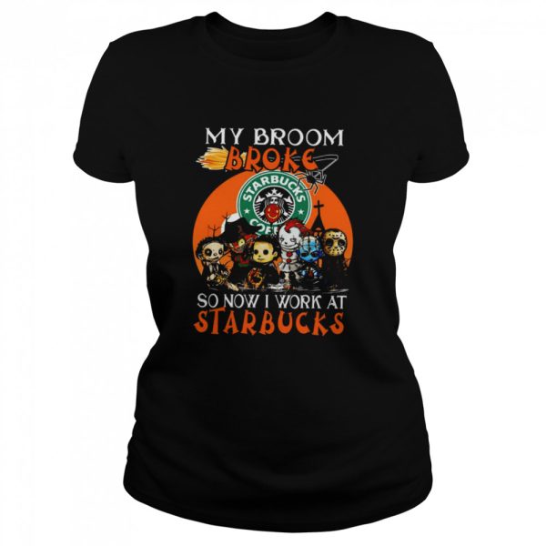 Chibi Horror characters my broom broke so now I work at Starbucks Halloween shirt