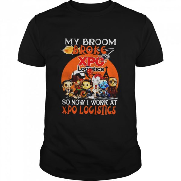 Chibi Horror characters my broom broke so now I work at Xpo Logistics Halloween shirt