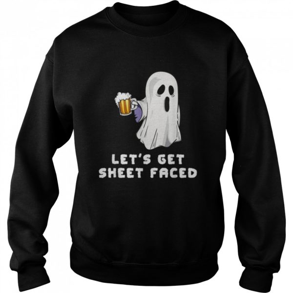 Halloween Ghost Drinking Beer Funny Let’s Get Sheet Faced T-Shirt B0BHHPLY5Q