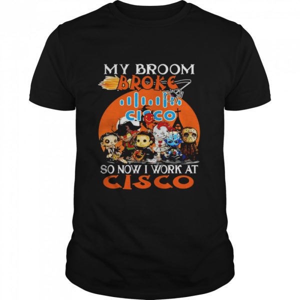 Horror characters jason voorhees and friends my broom broke so now I work at cisco logo halloween shirt