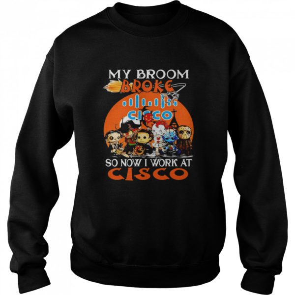 Horror characters jason voorhees and friends my broom broke so now I work at cisco logo halloween shirt