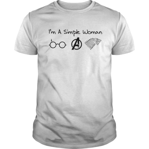 I’m a simple woman I like Harry Potter Avenger and GOT shirt