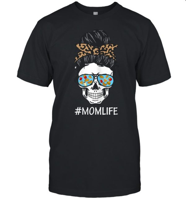 Skull Mom Life Bun Hair Glasses Fast Food And Pizza shirt