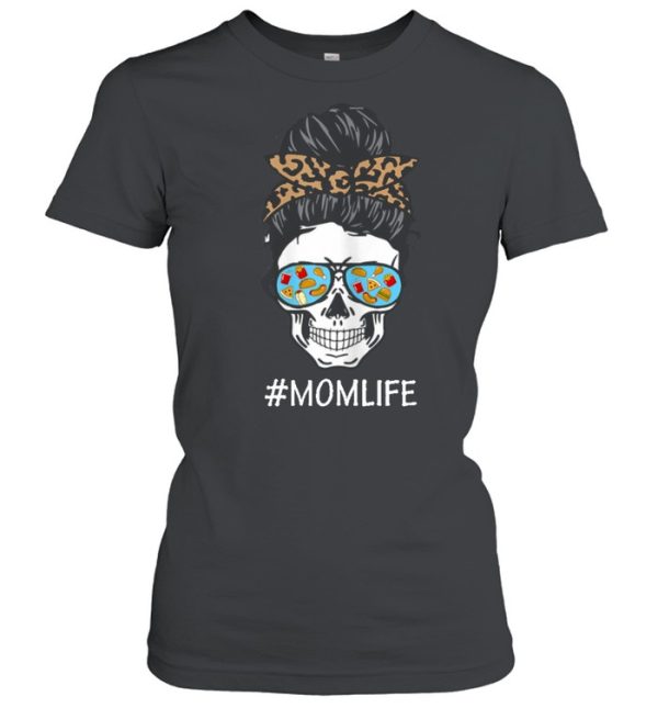 Skull Mom Life Bun Hair Glasses Fast Food And Pizza shirt