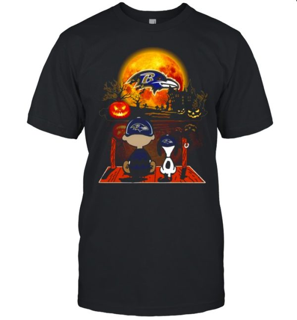 Snoopy and Charlie Brown Pumpkin Baltimore Ravens Halloween Moon shirt