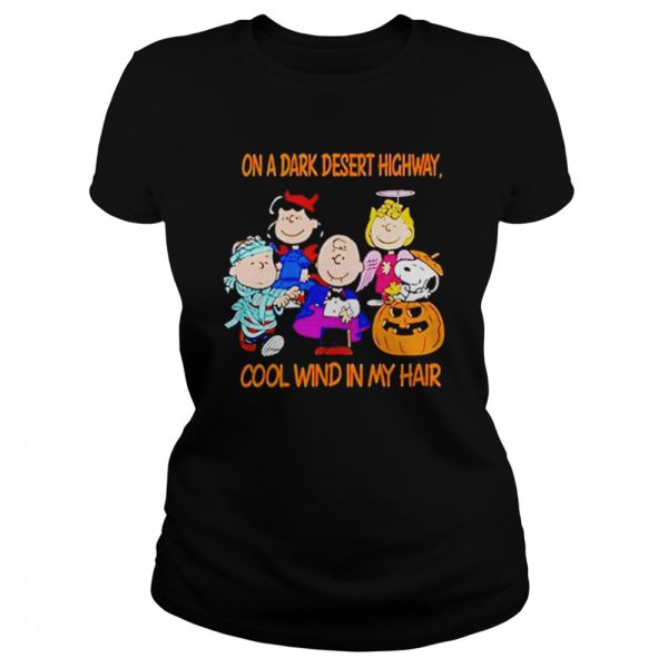 Snoopy peanut jeep on a dark desert highway cool wind in my hair snoopy Halloween shirt