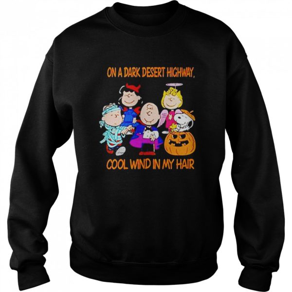 Snoopy peanut jeep on a dark desert highway cool wind in my hair snoopy Halloween shirt