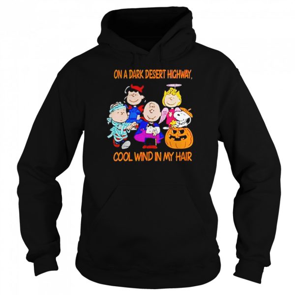 Snoopy peanut jeep on a dark desert highway cool wind in my hair snoopy Halloween shirt