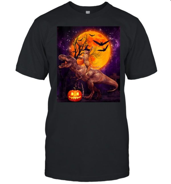 Witch Cat Ridding Dinosaur Moon Pumpkin Halloween shirt