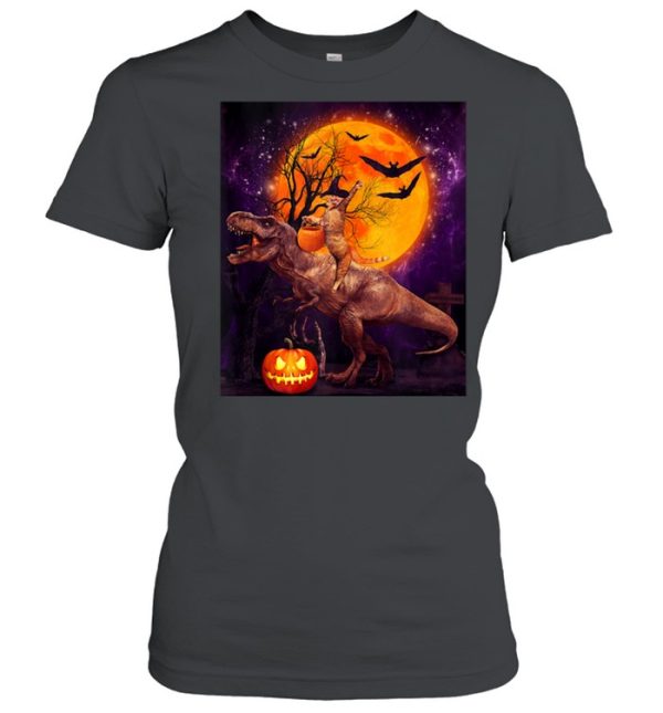 Witch Cat Ridding Dinosaur Moon Pumpkin Halloween shirt